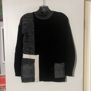 Elena Wang black/gray/cream turtleneck sweater Lightweight front patch pockets